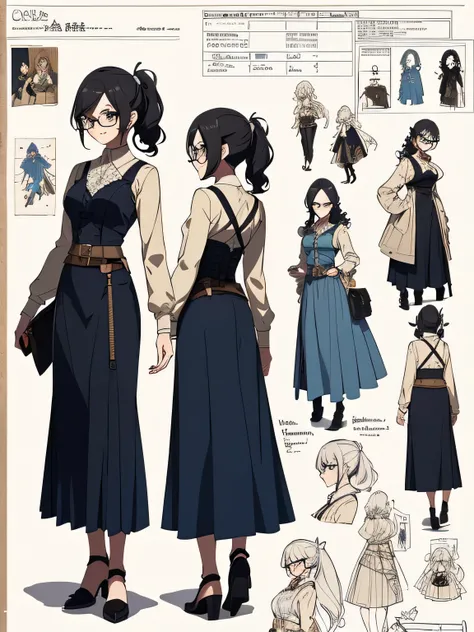 ((masutepiece)),(((Best Quality))),(CharacterDesignSheet, Same character, front, Side, Back), Elven Woman, Glasses, Black hair, Curly hair, Ponytail, the bow, Lace, corsets, Bright blue, blue Long skirt, Long skirt, satchel, Pouch at waist, Harnes, toolbel...