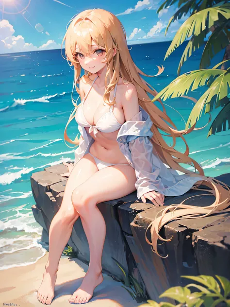 女の子1人, blonde lange Haare, braune Augen, wearing a white bikini, Strand sitzt auf einem Felsen, Blick auf den Betrachter, Smileing