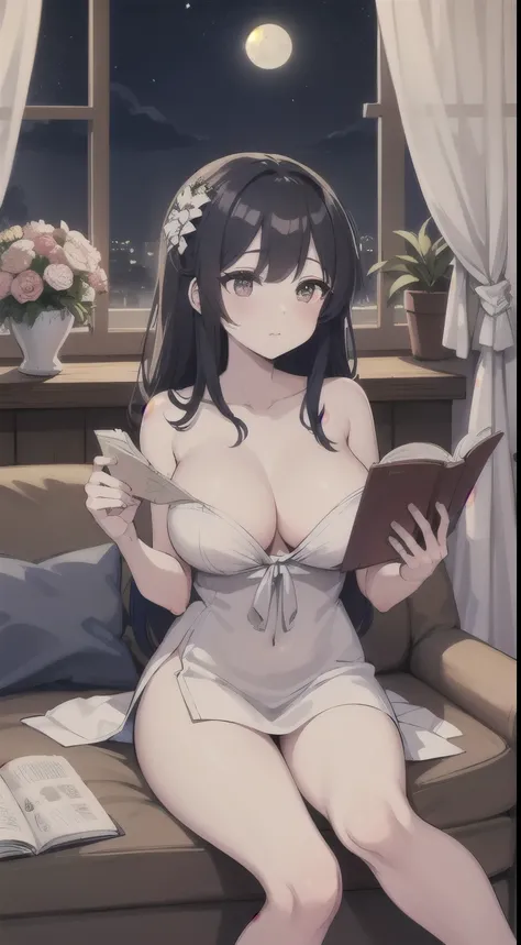 Stunning bouquet of roses and lilies in a ceramic vase, red and white colors, a cozy room, a garland, an open window, the moon and stars, evening, an atmosphere of comfort, 1girl, sit, want to drink coffe, reading book, big boobs, NFSW, 8k, closed up, nake...