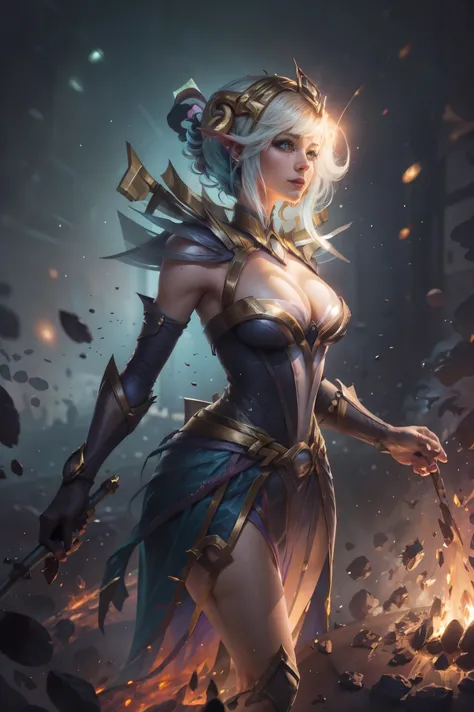 solamente, Super fine photo, Unreal Engine 5 8K UHD digital art portrait of a girl, Arte conceptual, character concept design, wearing a tight, shiny white dress with metallic details, corona de oro, ojos azules, fantasy princess, guante metalico, cabello ...