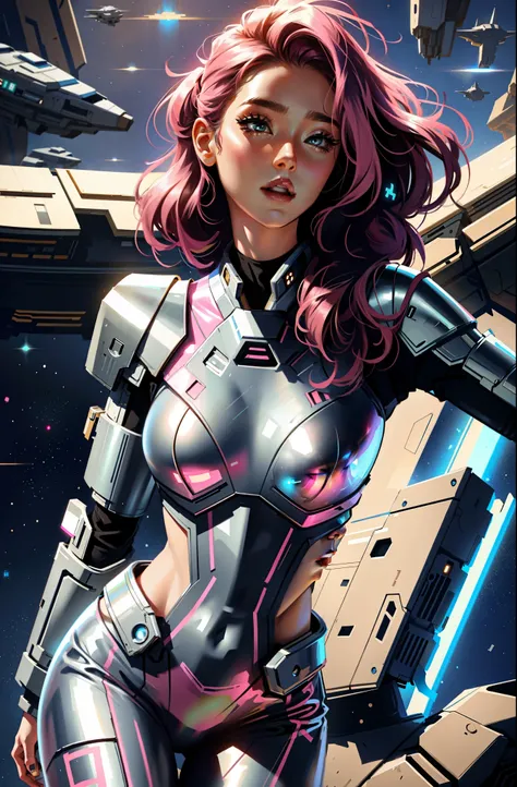 sexy woman in star wars pink metallic costume posing in front of a spaceship, transparent suit, cutesexyrobutts, scifi woman, digital painting, beautiful digital artwork,