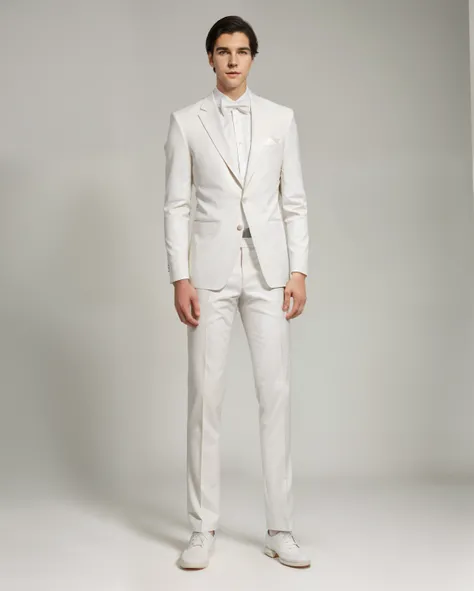 Full body photo of handsome and slender young man wearing white suit, Stand naturally, Formal style，pure front. The boy has black hair, Put your hands in your trouser pockets, legs Stand naturally, and good lighting effects, Greatly reduce shadow area. The...