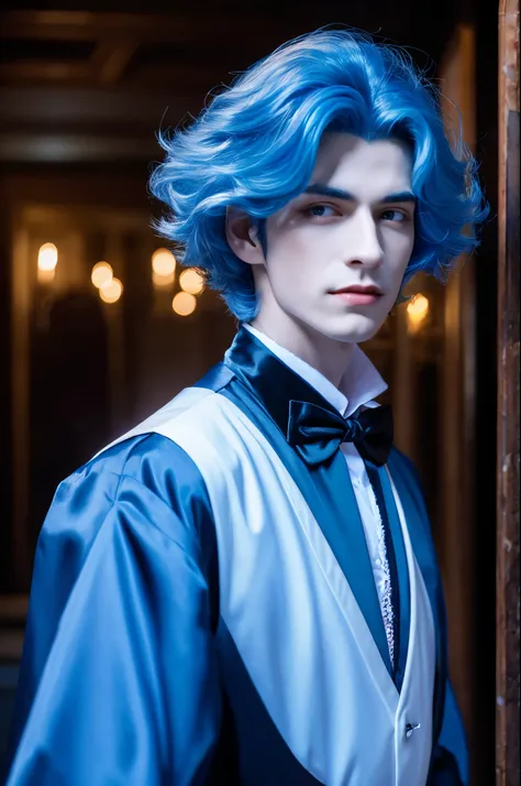 Dracula, a handsome young man with permed blue hair