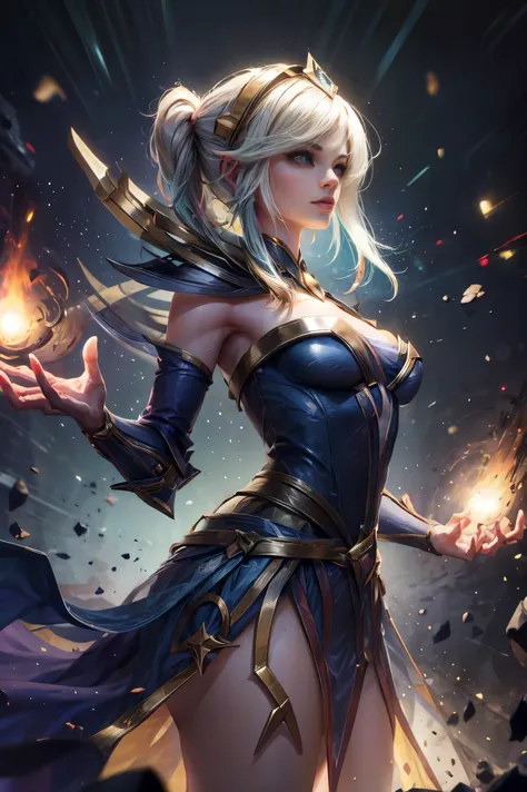 solamente, Super fine photo, Unreal Engine 5 8K UHD digital art portrait of a girl, Arte conceptual, character concept design, wearing a tight, shiny white dress with metallic details, corona de oro, ojos azules, fantasy princess, guante metalico, cabello ...