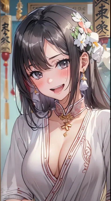 1womanl,Black hair,14years ,(()),Beautiful breasts,(((sexy white shiny cheongsam)))(())(((Blushing cheeks、Smile with open mouth)),(((Satin Narico))),((( portlate))),Crowds,White china clothes