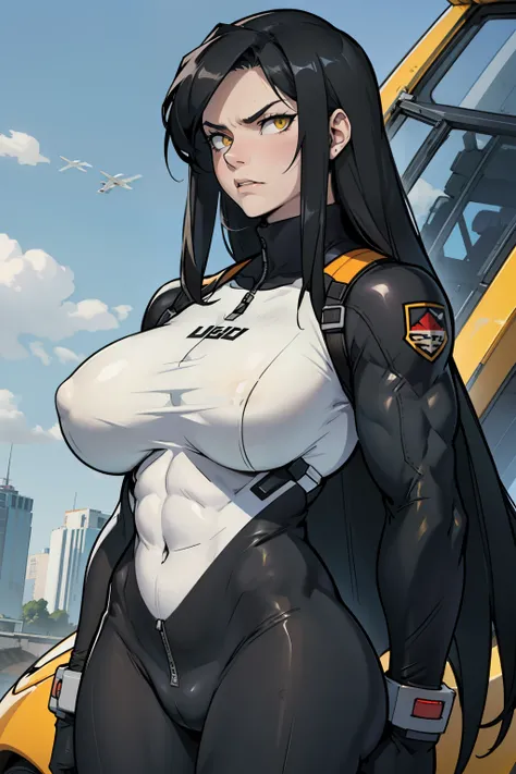 angry girl pale skin (((((muscular girl))))) (((thick))) (((large breasts))) pilot suit bodysuit black hair yellow eyes very long hair very long hair very long hair