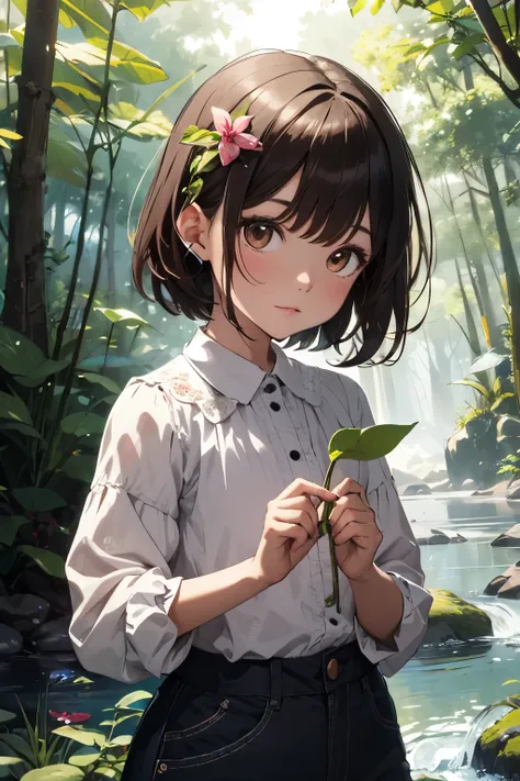 Sofia short hair, brown eyes, eyes detailed, holding the magic flower, outdoor, forest, stream