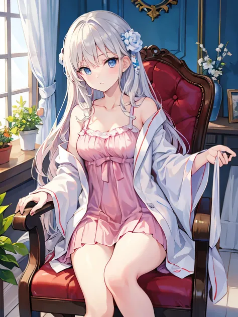 masterpiece, Highest quality, beautiful, high resolution, perfect anatomy, top-quality、 8K、  bathrobe, (woman) in a bathrobe, rocking chair, Sitting in a rocking chair,         Sitting in a rocking chair in a bathrobe、 a beauty girl、 Nice、 Beautiful hair、 ...