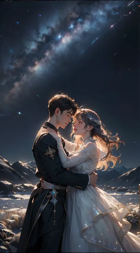 a man and a woman stand together, under the dazzling starry sky. (best quality at best, a high resolution, ultra - detailed), (a...