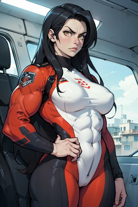 angry girl pale skin (((((muscular girl))))) ((((thick)))) (((breasts))) pilot suit bodysuit black hair yellow eyes very long hair very long hair very long hair