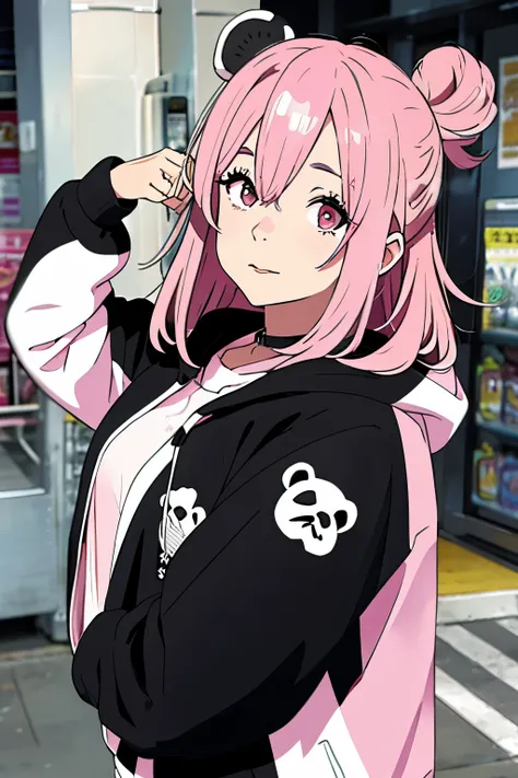 black and white panda hoodie pink hair