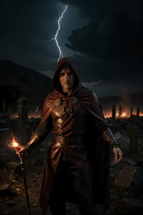 A blood man mage, detailed red tunic, torn red cape, majestic scepter, red aura, dark and mysterious atmosphere, ancient ruins, flickering candlelight, intricate blood magic runes, intense concentration, sinister smile, blazing fire in the background, omin...