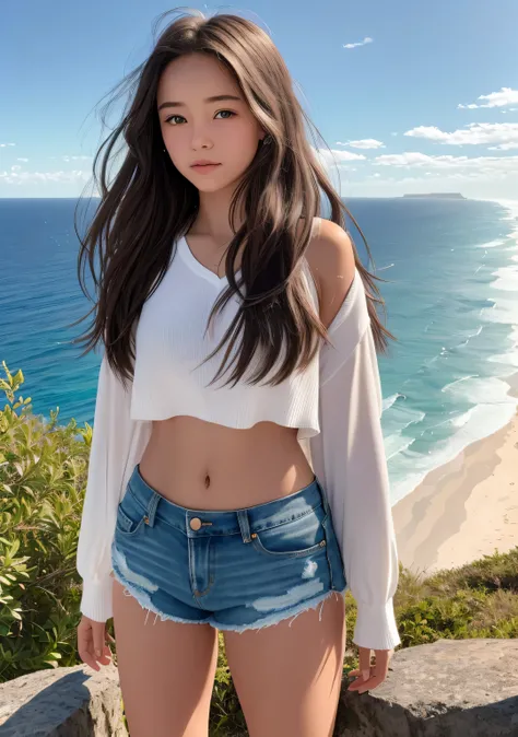 {there is a young girl standing by a cliff overlooking the ocean. she is beautiful, and attractive. she is wearing a white singlet, and denim shorts. the singlet is short, and you can see her stomach. the demin shorts are low on the waste, and short. she h...