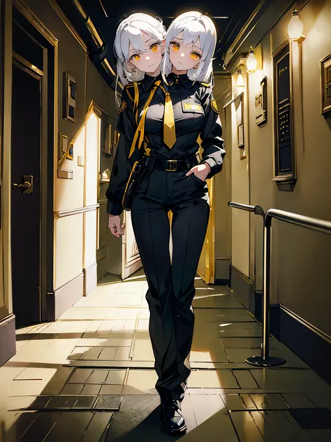 (masterpiece, best quality), best resolution, (2heads:1.5), 1girl, security guard, white hair, yellow eyes, bored, officers uniform, long pants, holding a flashlight, dark pizzeria hallway, dark environment, spooky atmosphere