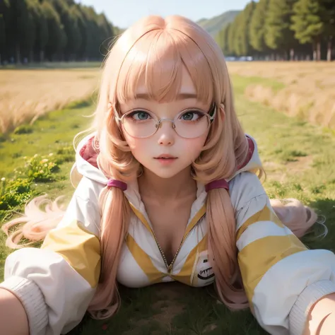 light-colored hair、hime-cut、poneyTail、Golden Eyes、eye glasses、parka、ssmile、Early teens girl、I can see very small breasts、Thin pubic hair、grass field、Spreading legs on the back、full body seen