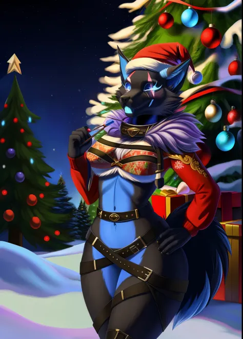 fluffy fur, belt, (((masterpiece))), (((best quality))), detailled image, ((reflective lighting)), ((detailed shading)), best quality, Christmas tree, snow, ambient, intricate detail, refined detail, High resolution, candy, christmas hat, furry female anth...