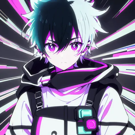 Anime boy, black and white hair, fluffy hair, neon pink eyes, heart shaped pupils, cyberpunk clothes, black and white clothes, piercings