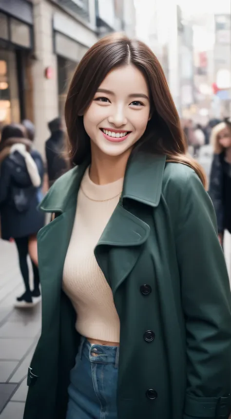 The face is a hostess、trench coat、hiquality、A hyper-realistic、healthy、Smiling expression、Slender perfect figure、Japanese beauty ace perfect、Beautiful skin、The upper part of the body、Christmas tree、Street