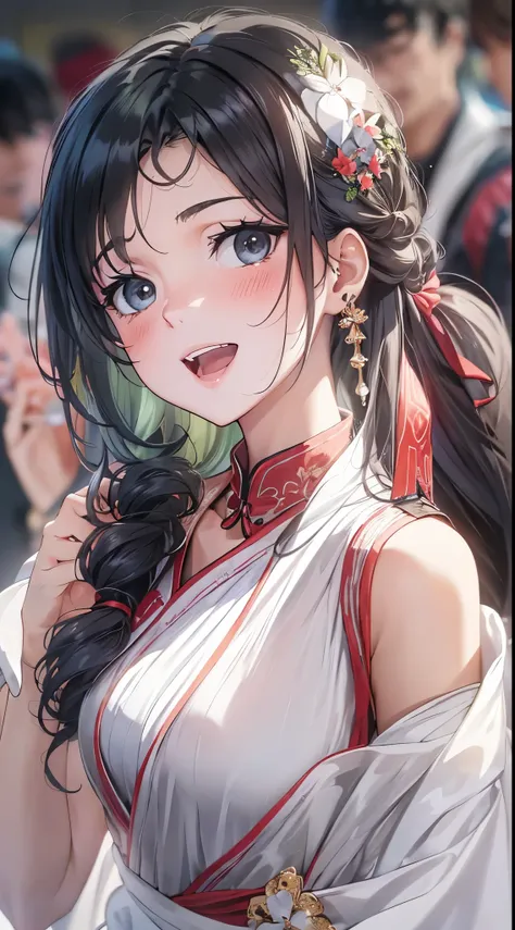 1womanl,Black hair,14years ,(()),Beautiful breasts,(((sexy white shiny cheongsam)))(())(((Blushing cheeks、Smile with open mouth)),(((Satin Narico))),((( portlate))),Crowds,White china clothes