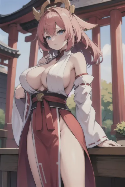 Big boobs, bob hair Red Dress, Miko, Shrine Background, 1girl, masterpiece, best quality, highly detailed