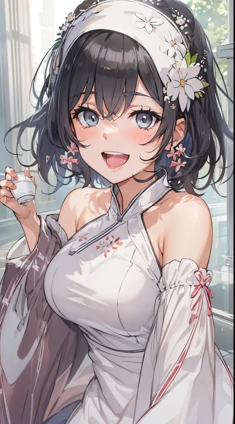 1womanl,Black hair,14years ,(()),Beautiful breasts,(((sexy white shiny cheongsam)))(())(((Blushing cheeks、Smile with open mouth)),(((Satin Narico))),((( portlate))),Crowds,white ceramic dress