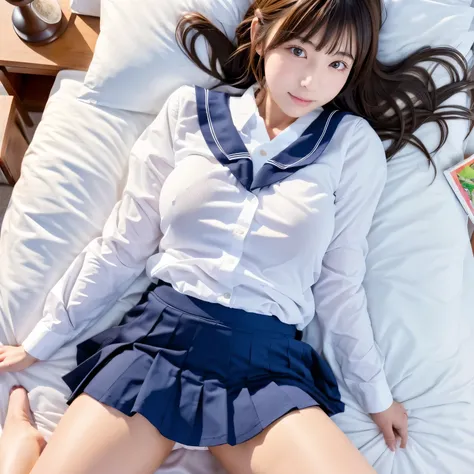 Japanese school girl, 18 years old girl, spread her legs, open her legs, laying her on a bed, low angle, visible vagina, her vagina is visible, her nipples are visible, school uniform, very short skirt, very cute face