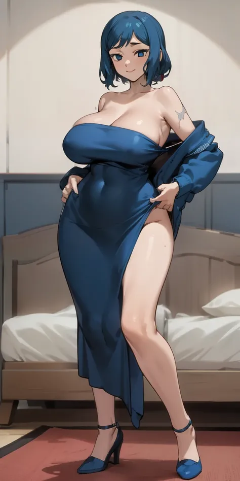 (Masterpiece),Best Quality, ultra-detailed, perfect hands,perfect legs, Delicate eye expression, 1girl (rinko_iori, Sexy, A voluptuous and sexy body, huge breasts, naked body, dark blue hair, long hair, blue eyes (empty eye)),closed mouth(wicked smile), so...