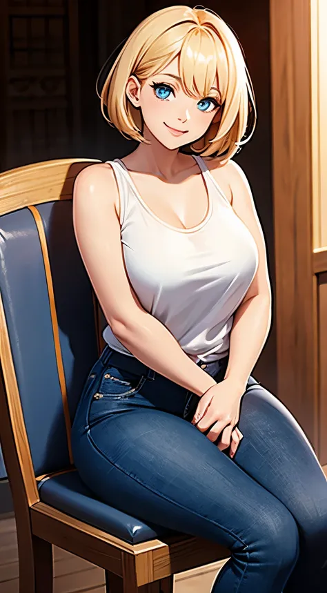 (masterpiece), best quality, expressive eyes, smile face, perfect face, a woman sitting elegantly on a wooden chair, short hair, blonde hair, blue eyes, composition