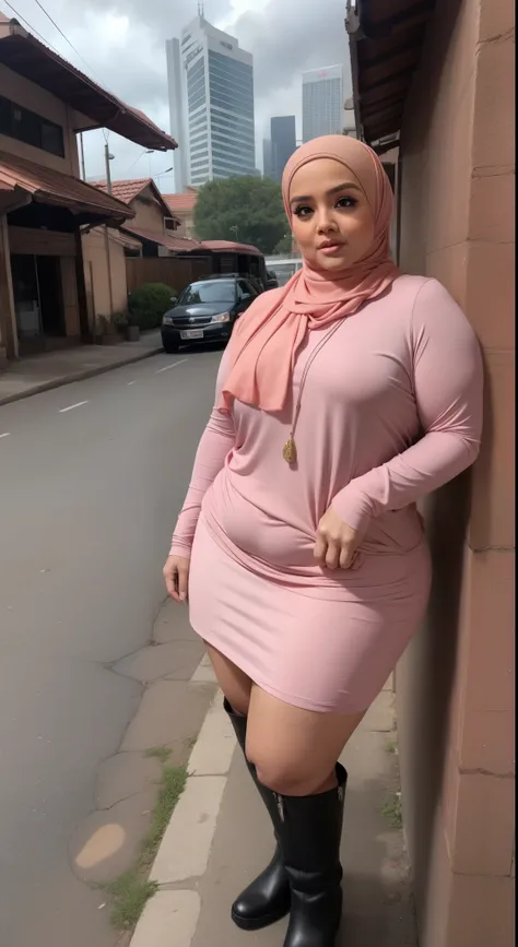 ((HIJAB MALAY GIRL)), ((BBW)), SHORTS, HUGE WIDE BUTT, WIDE BUTT, 63 YEAR OLD METURE womens, METURE womens, (PINK LIPS), (WESTERN BOOTS), (TIGH SKIRT), , tall buildings in background, twin towers, Kuala Lumpur,(ANGRY FACE EXPRESSION), TRANSPARENT, STAYING,...