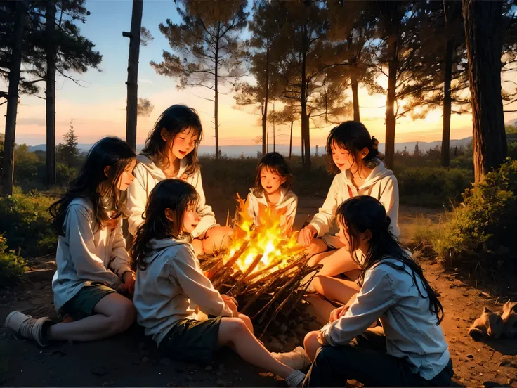 campfire, forest school, children learning, storytelling, nature connection, outdoor education, playful exploration, curious minds, cozy atmosphere, flickering flames, crackling sounds, glowing embers, roasting marshmallows, storytelling circle, imaginatio...