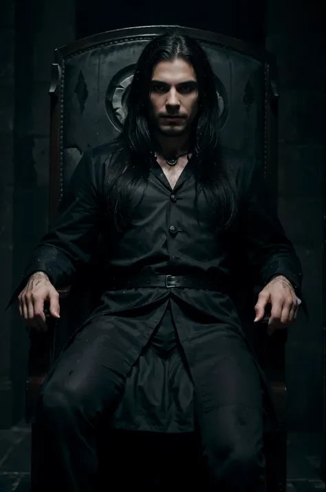 In the eerie silence of a moonlit castle, paint an ultra realistic hd picture of a male vampire seated on a majestic throne. With a piercing, intense gaze and a sinister grin showcasing razor-sharp fangs, immerse yourself in the darkness as they don a flow...