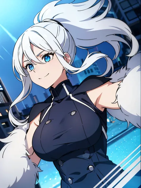 Cute little girl s, coat, large full breasts, White hair, Blue eyes, Ponytail, Upper body, body focus, turn your eyes towards me, Smile, blash, Ashamed, Center the character, I dont have anything