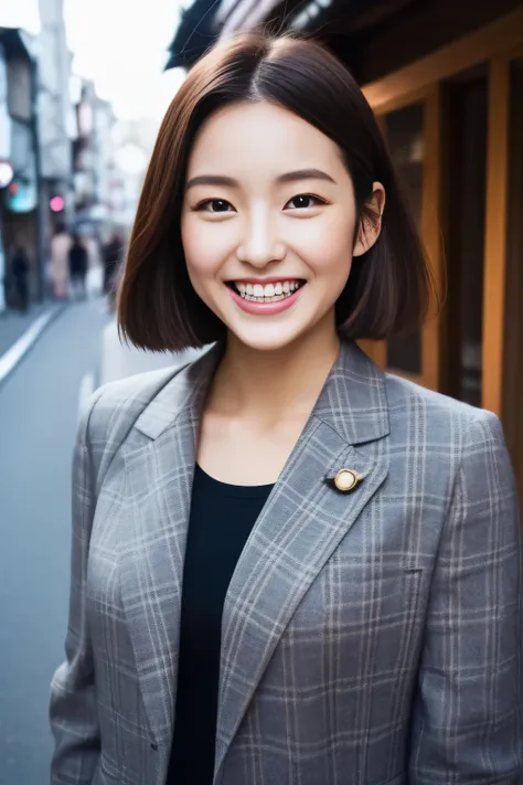 Face is an actress、Please wear a jacket suit、hiquality、A hyper-realistic、healthy、Smiling expression、Slender perfect figure、Japanese beauty ace perfect、Beautiful skin、background is kyoto