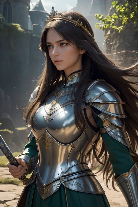 (best quality,4k,8k,highres,masterpiece:1.2),ultra-detailed,(realistic,photorealistic,photo-realistic:1.37),beautiful girl in medieval armor,sharp focus,physically-based rendering,professional,vivid colors,bokeh,armors texture shining,elaborate golden patt...