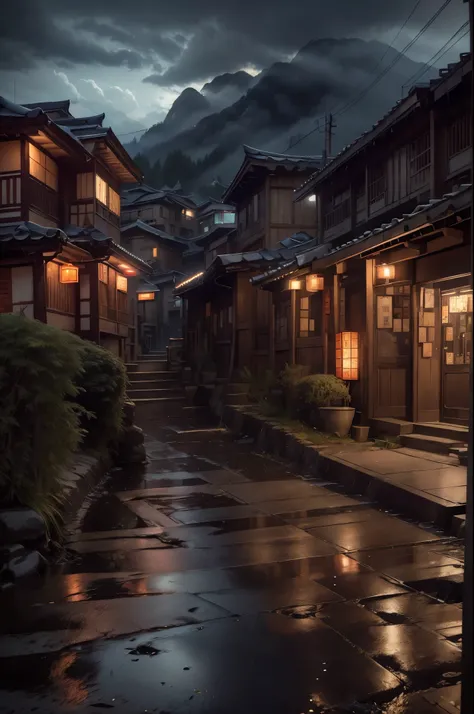 Feder village view,a lot of lights on the buildings,A dreamy Chinese town built on the mountain,China Village,Stunning wallpapers,Japanese mountain town,Japan Village,surreal photo of a small town,old asian village,(The distant sky covered with dark cloud...