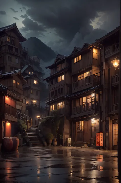 Feder village view,a lot of lights on the buildings,Dream Chinese town,China Village,Stunning wallpapers,Japanese mountain town,Japan Village,surreal photo of a small town,old asian village,(The sky in the distance is covered with dark clouds),Japan city,R...