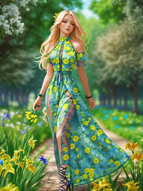 masterpiece, complimentary  solid outline colors,  spectacular quality, summer, European woman, stylish+long blonde hair,      wearing a floral long  front lace_up dress ,  lace trimming ,the skirt of the dress a sheer fabric, on her feet are a pair of san...