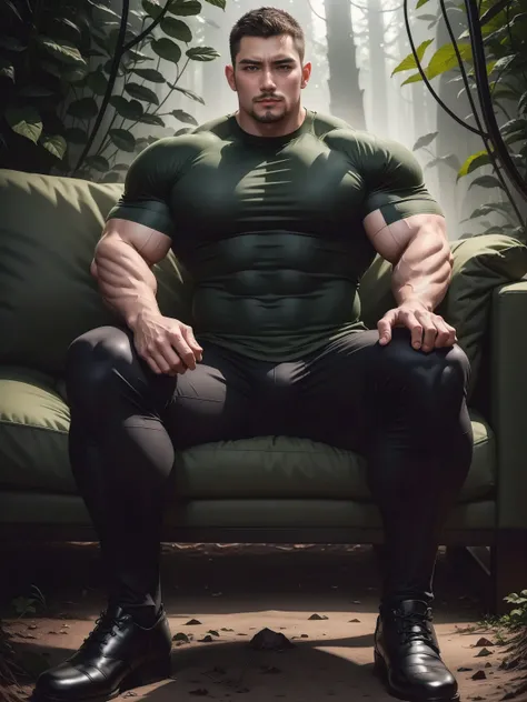 Frowning sad tall giant muscular man sitting in the forest，Dark gray high collar tight long sleeve camouflage T-shirt，character  design（Resident Evil - Chris Redfield，Chris Redfield）His hairstyle is a crew cut，Wearing dark gray tight-fitting camouflage mil...