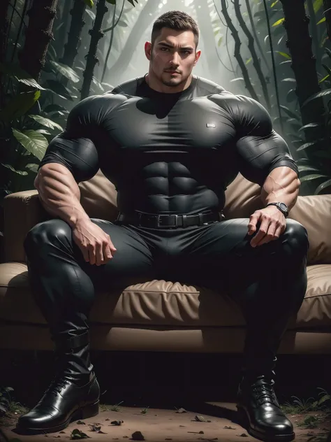 Frowning sad and crying tall giant muscular man sitting in the forest，Dark gray high collar tight long sleeve camouflage T-shirt，character  design（Resident Evil - Chris Redfield，Chris Redfield）His hairstyle is a crew cut，Wearing dark gray tight-fitting cam...