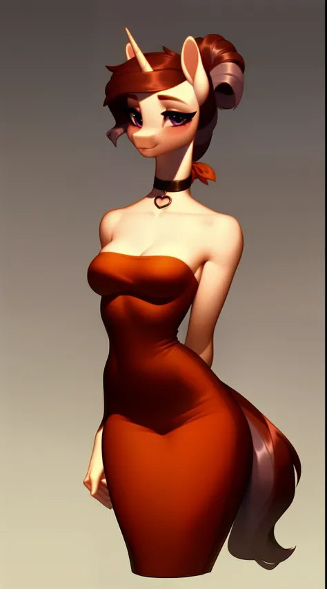 (score_9), (source_derpibooru_p_95), (solo), ((anthro o.c pony 1.1)), (strapless dress), blushing, sad, anatomically correct, small breasts, solo, hourglass figure, curvy, plump body, very cute young girl, high res, beautiful long neck, hair tied up, choke...