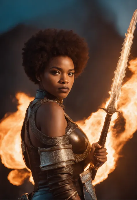 Black female aged 19 with Afro dressed in futuristic armor holding a flaming sword