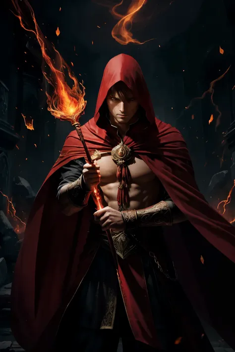 best quality,ultra-detailed,realistic,red mage,red tunic,torn red cape,majestic scepter,red aura,dark background,mysterious lighting,detailed wrinkles,expressive facial features,blood magic,focused expression,rich texture,ominous atmosphere,deep red color ...