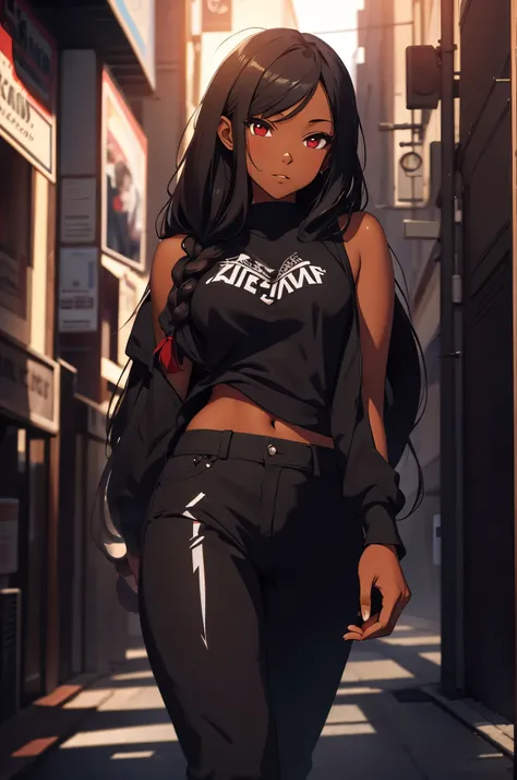 anime girl with long braids and red eyes, African American skin, black, brown skin,  beautiful, model, 17 years old, wearing t shirt, pants,  full body shot, walking, city background, 4k, masterpiece, official art , highly detailed, rtx, ray tracing