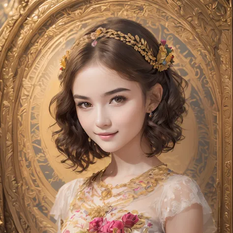 141
(a 20 yo woman,in the palace), (A hyper-realistic), (high-level image quality), ((beautiful hairstyle 46)), ((short-hair:1.46)), (kindly smile), (breasted:1.1), (lipsticks), (is wearing dress), (murky,wide,Luxurious room), (florals), (an oil painting、R...