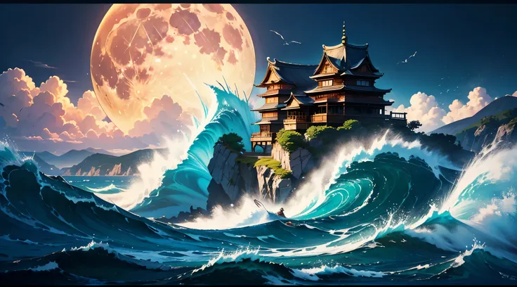 Best Quality、masutepiece、8K、Landscape painting、shrines、Mare:1.2、Rough seas:1.2、fullmoon