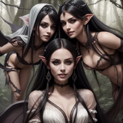 Two beautiful young dark elves, cute, sexy, gothic, perfect, masterpiece, with long flowing black hair with bangs, pale silky skin, beautiful eyes, beautiful lips, wearing earrings, hair ornaments, smiling (showing teeth ), with bat wings behind her head, ...