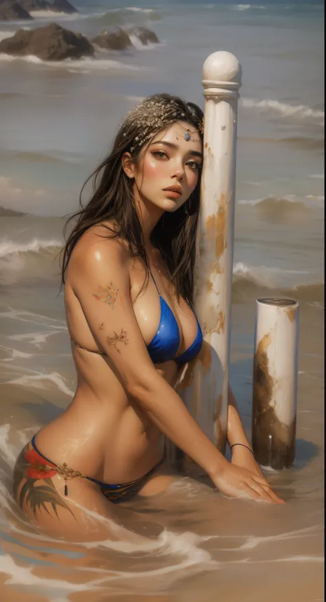 Mujer araffe en bikini sentada en el agua cerca de un poste, Karol behind UHD, gorgeous digital painting, Impresionante pintura digital, Hermosa pintura digital, Karol Bak y Peter Mohrapher, Alena Aenami y Artgerm, hermosa pintura de personajes, painted in...