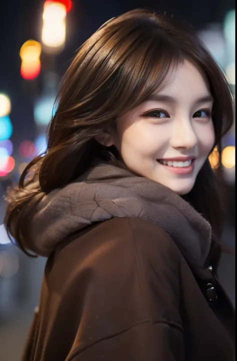 (top-quality、hight resolution、​masterpiece:1.lettie women、slender figures、dark brown hair、Winter clothes、White down coat、(Street in city at night)、Highly detailed facial and skin texture、A detailed eye、二重まぶた、A smile