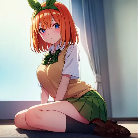 1 girl, alone, yotsuba nakano, bangs, short hair, blue eyes, hair between eyes, hair ribbon, headband, orange hair, green ribbon...