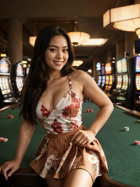 photorealistic, best quality, hyper detailed, cute Hawaiian girl, very short, skinny, long dark hair, curvy, lips open with a smile, head turned to the side, detailed face, detailed lips, best shadow, RAW, instagram LUT, at a casino, wearing a classy dress...